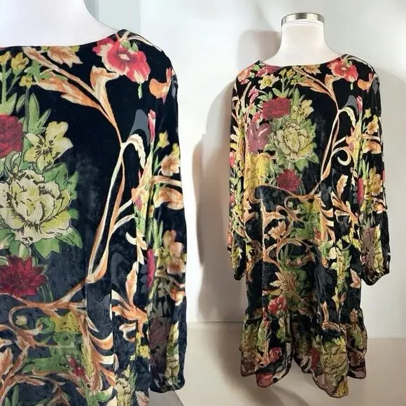 ABS Collection Crushed Velvet Floral Dress Long Sleeve Ruffle Black Plus Size 22 - Picture 1 of 15